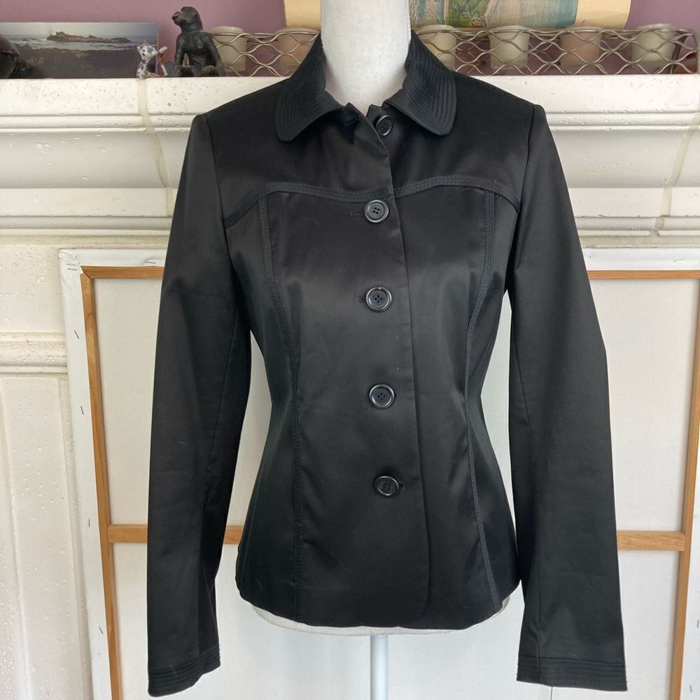 Whistles London black cotton, silk fitted blazer w/ stylish stitching, pockets